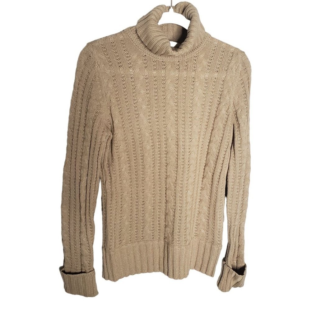 Express NWT Woman Size L Camel Gold Sparkle Turtleneck Cable Knit Cuffed Sleeve